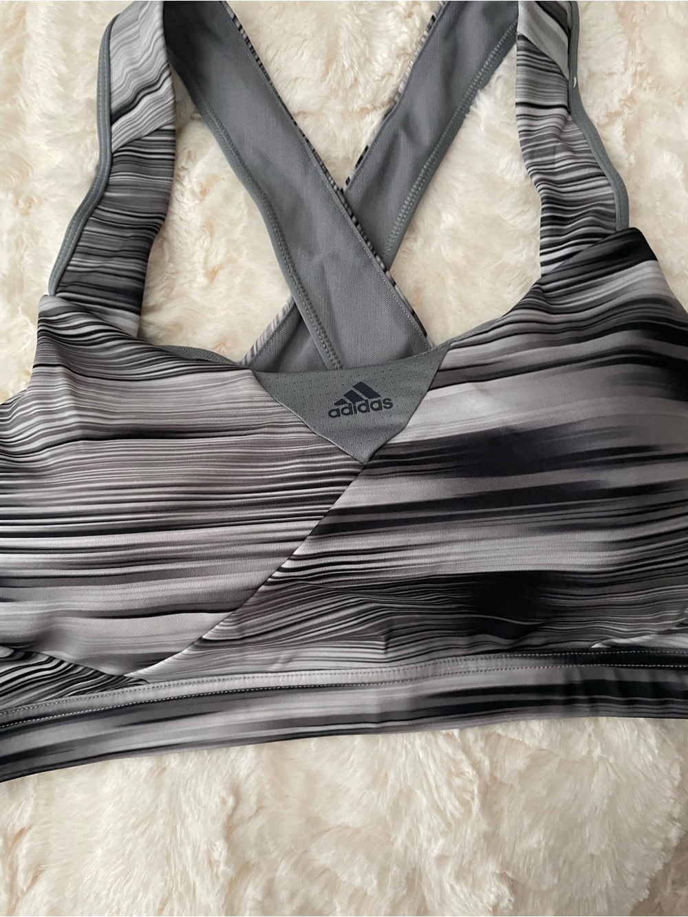 adidas Grey & Black Striped Cross-Back Sports Bra